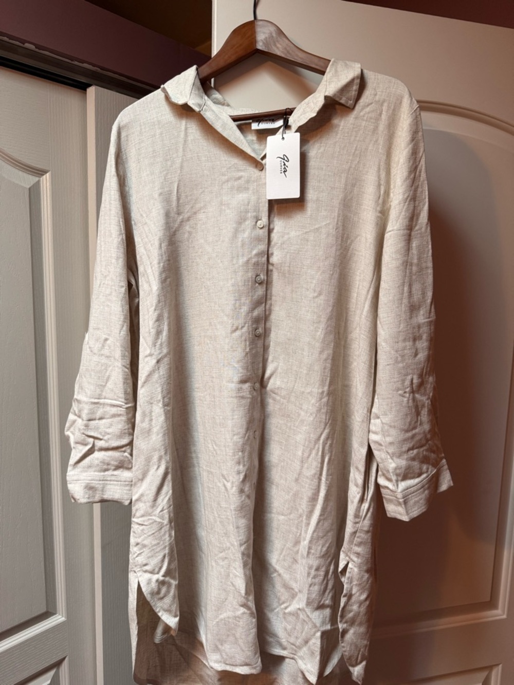 Neutral Linen Button-Front Tunic Dress